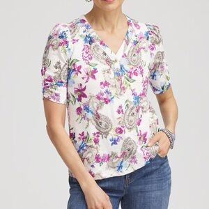 NWT Chico’s Paisley Shirred-Sleeve Henley Tee.